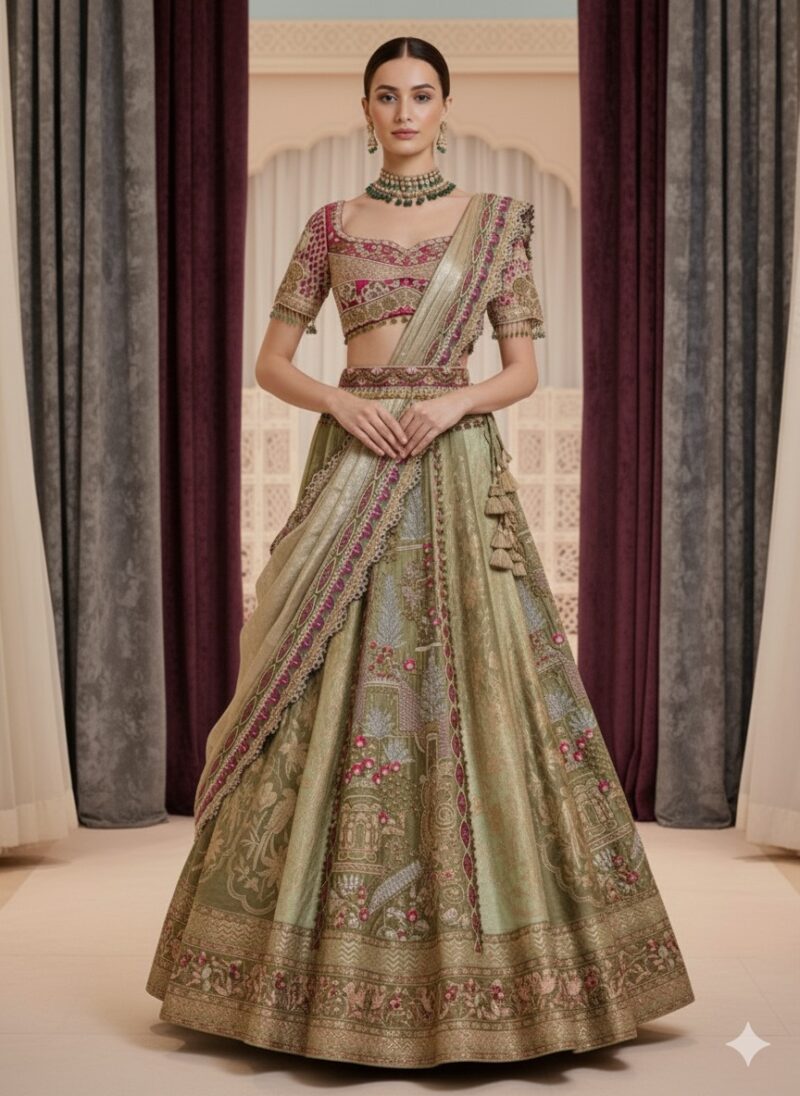 Intricately Embroidered Sage Green Lehenga