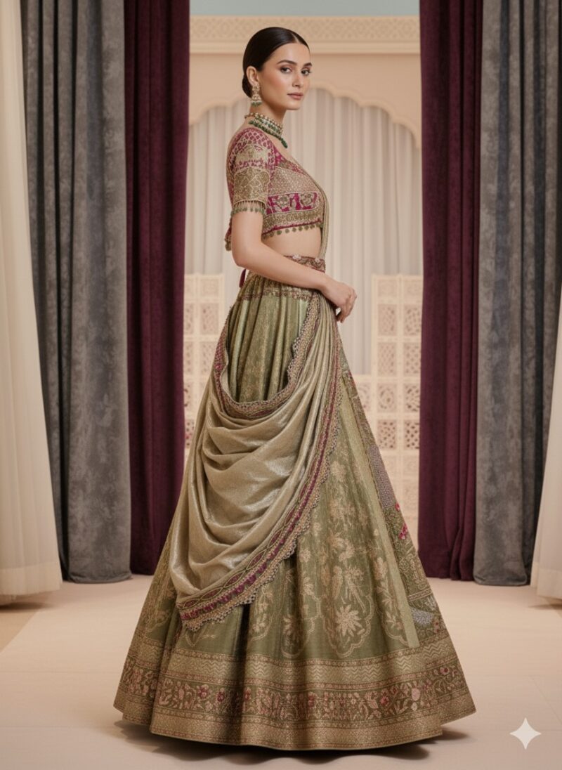 Intricately Embroidered Sage Green Lehenga