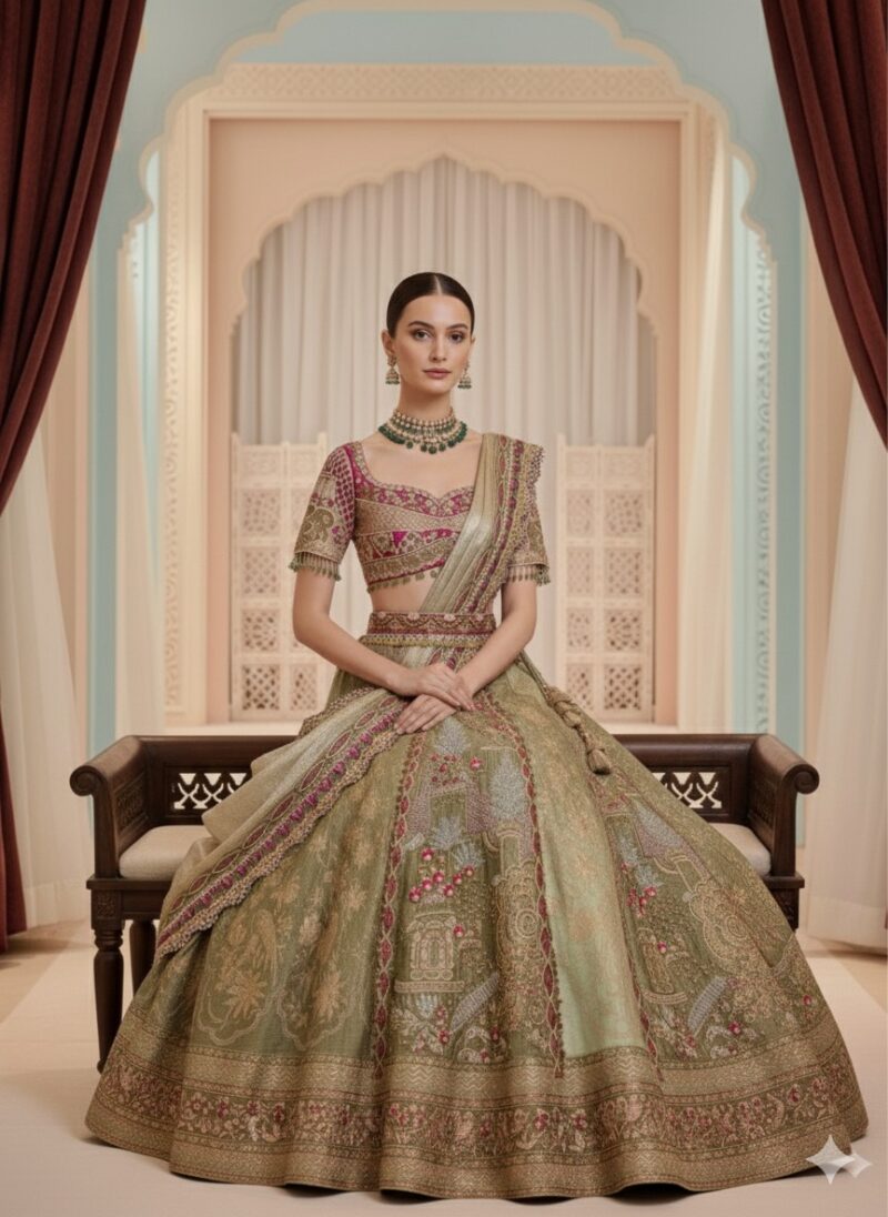 Intricately Embroidered Sage Green Lehenga