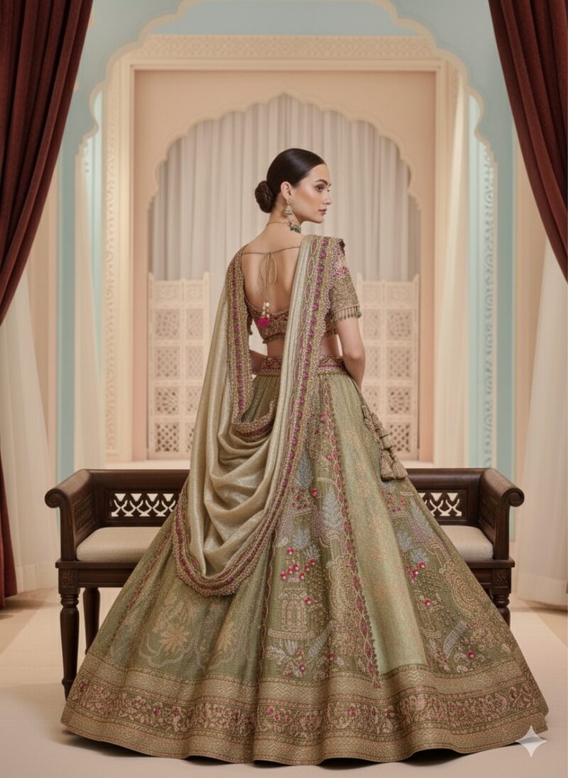 Intricately Embroidered Sage Green Lehenga