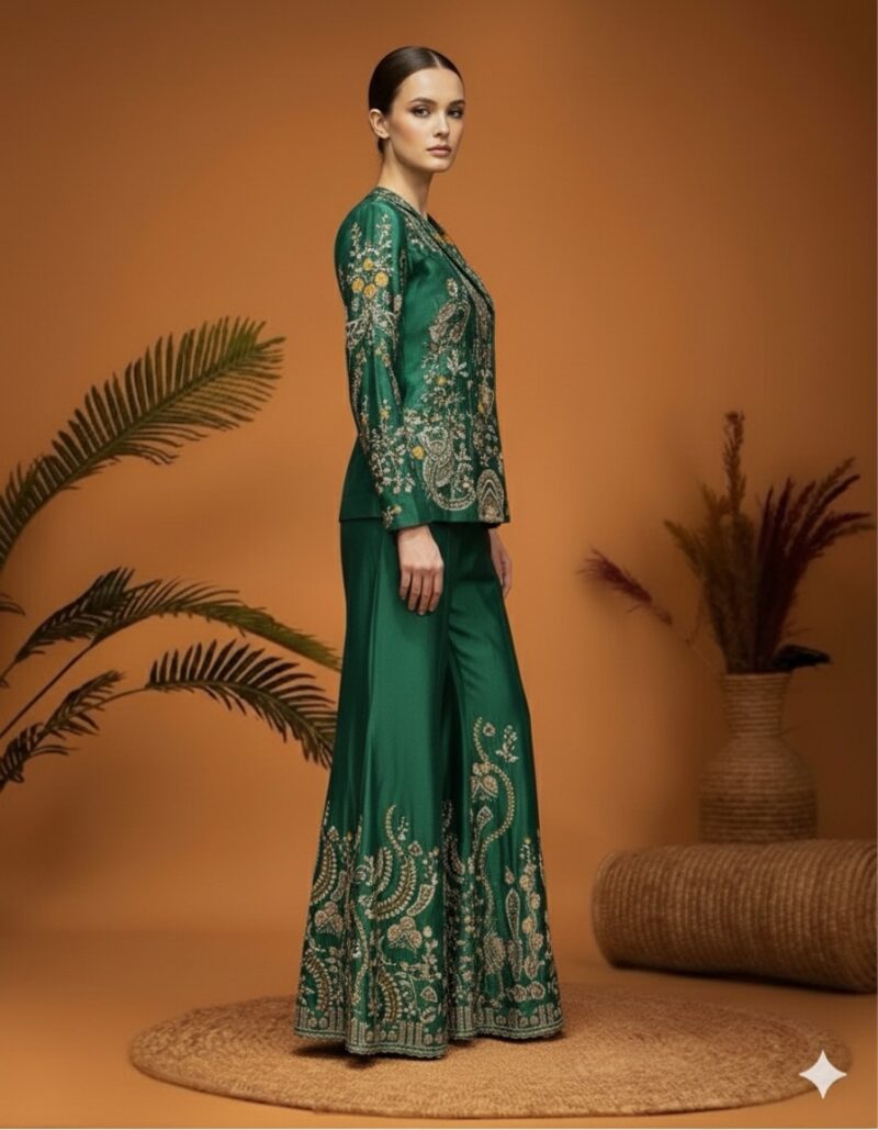 Emerald Green Embroidered Jacket Set