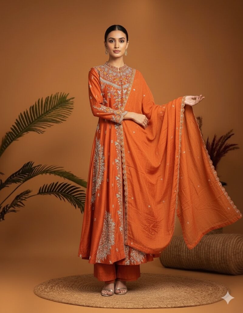Sunlit Orange Embroidered Anarkali Ensemble