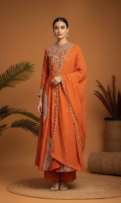 Sunlit Orange Embroidered Anarkali Ensemble