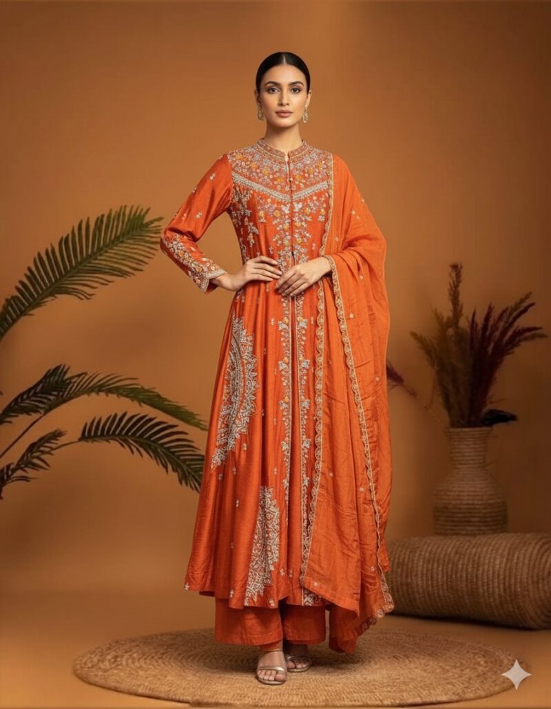 Sunlit Orange Embroidered Anarkali Ensemble