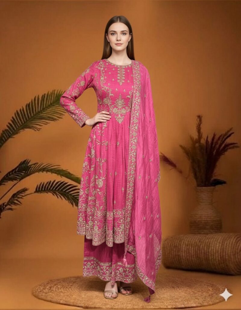 Radiant Fuchsia Anarkali with Gold Zari Work