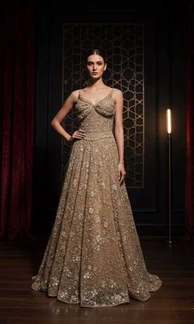 Golden Ember Floral Embellished Gown