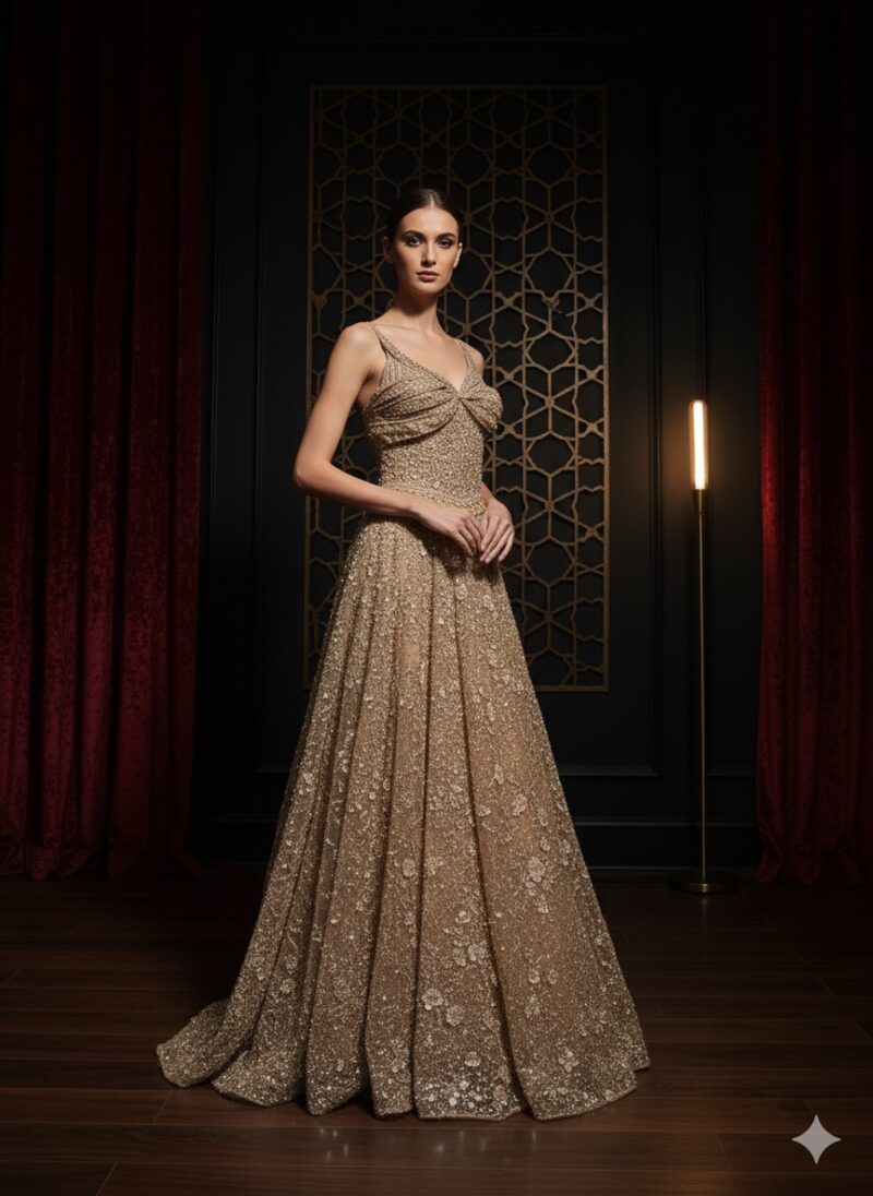 Golden Ember Floral Embellished Gown