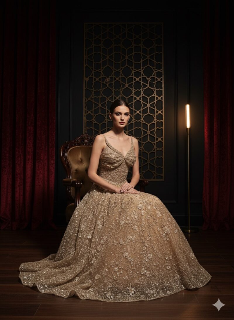 Golden Ember Floral Embellished Gown