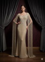 Shimmering Champagne Beaded Gown With Draped Sleeves