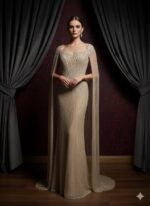 Shimmering Champagne Beaded Gown With Draped Sleeves