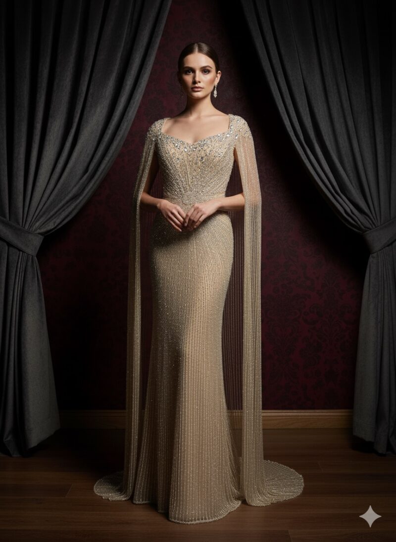 Shimmering Champagne Beaded Gown With Draped Sleeves