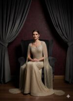 Shimmering Champagne Beaded Gown With Draped Sleeves