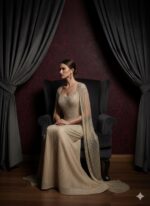 Shimmering Champagne Beaded Gown With Draped Sleeves