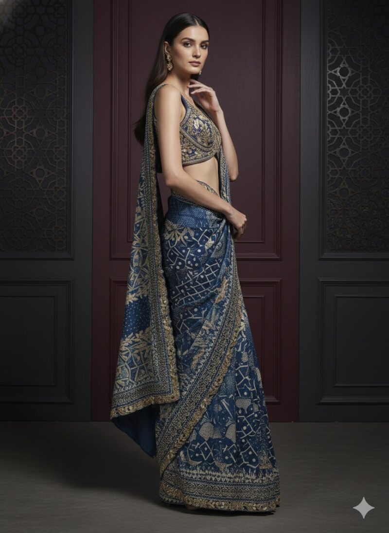 Elegant Blue Traditional Gold Work Saree