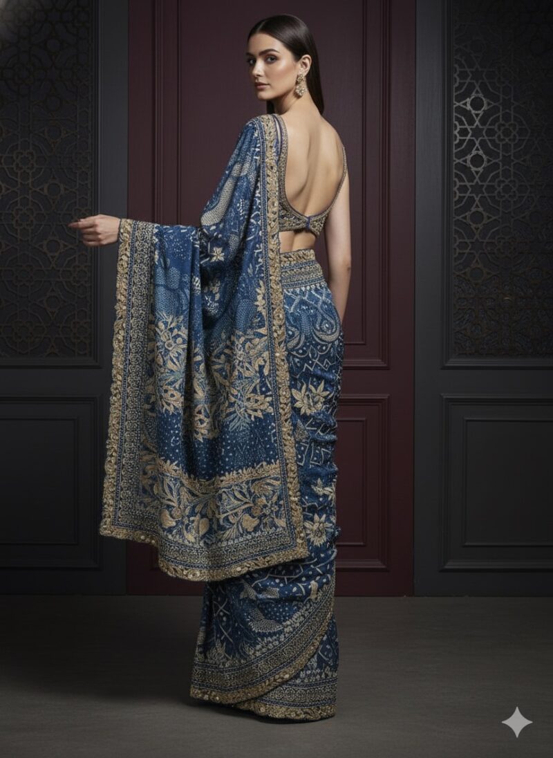 Elegant Blue Traditional Gold Work Saree