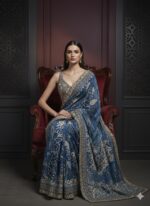 Elegant Blue Traditional Gold Work Saree