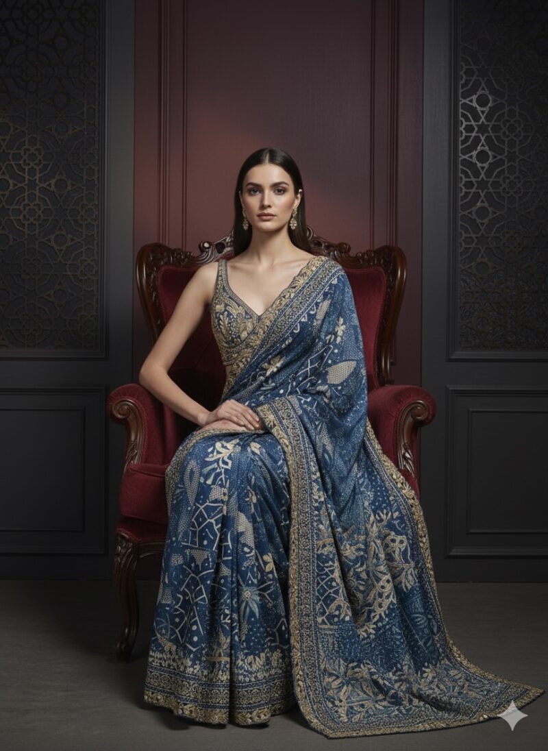 Elegant Blue Traditional Gold Work Saree