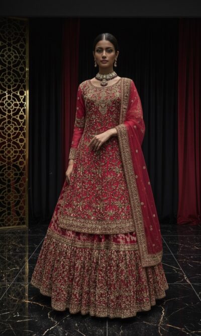 Ornate Ruby Embroidered Lehenga Suit