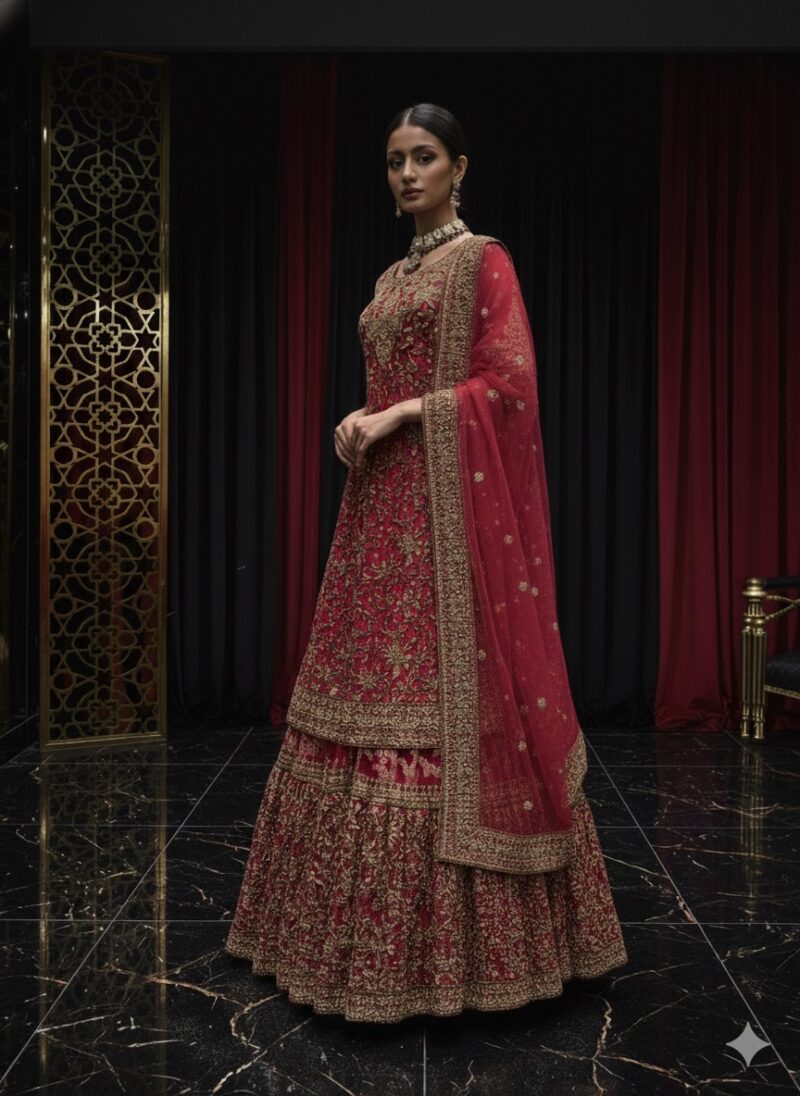 Ornate Ruby Embroidered Lehenga Suit