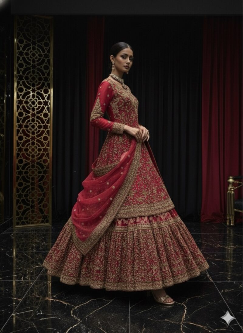 Ornate Ruby Embroidered Lehenga Suit