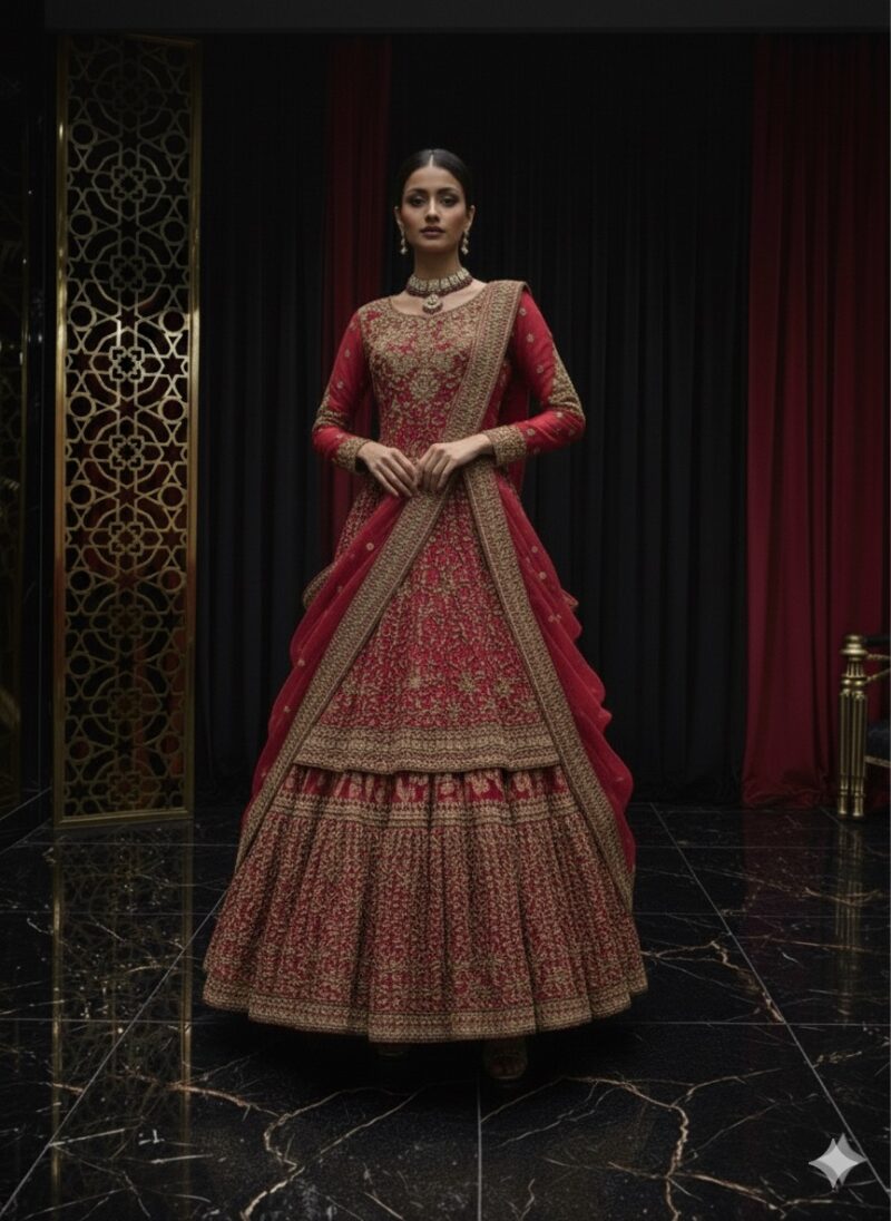 Ornate Ruby Embroidered Lehenga Suit