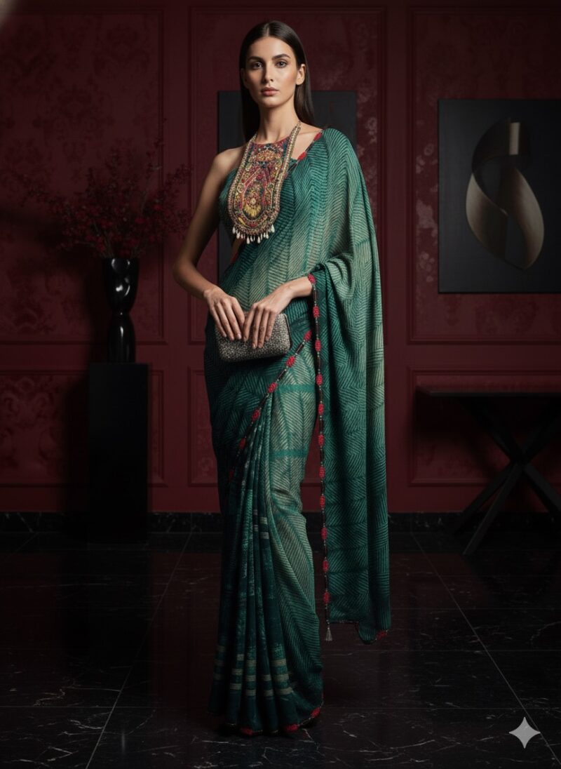 Contemporary Green Geometric Printed Saree