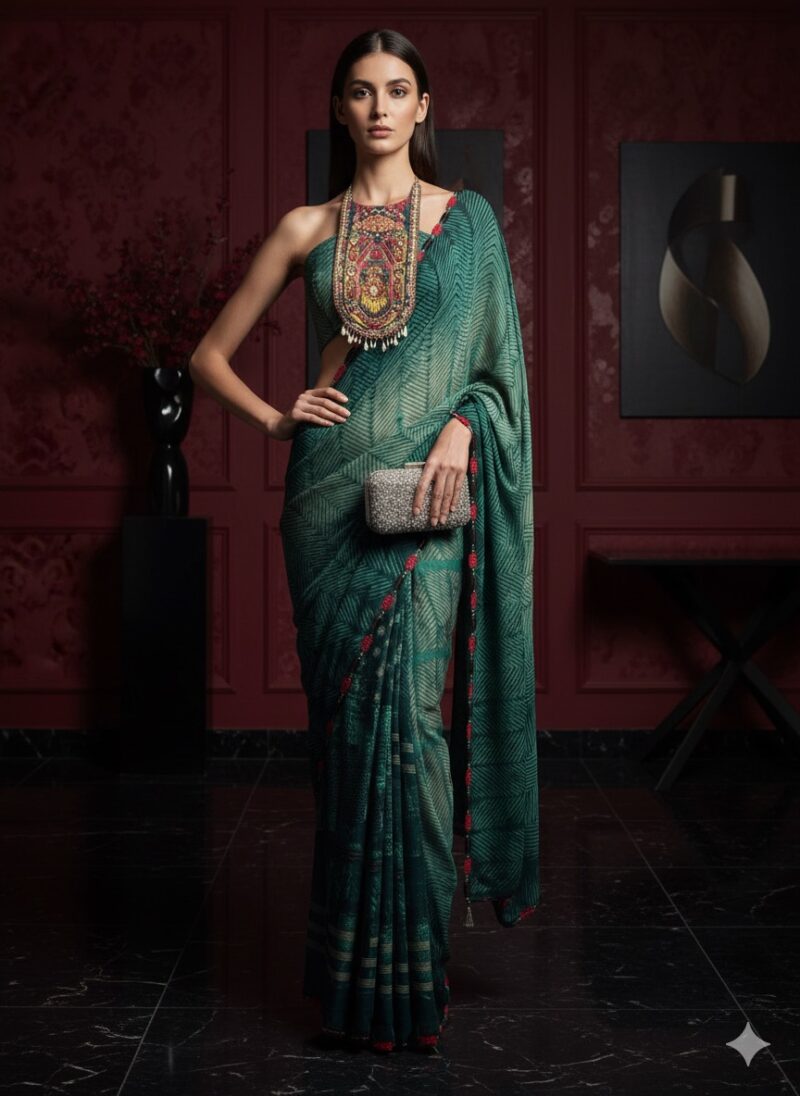 Contemporary Green Geometric Printed Saree