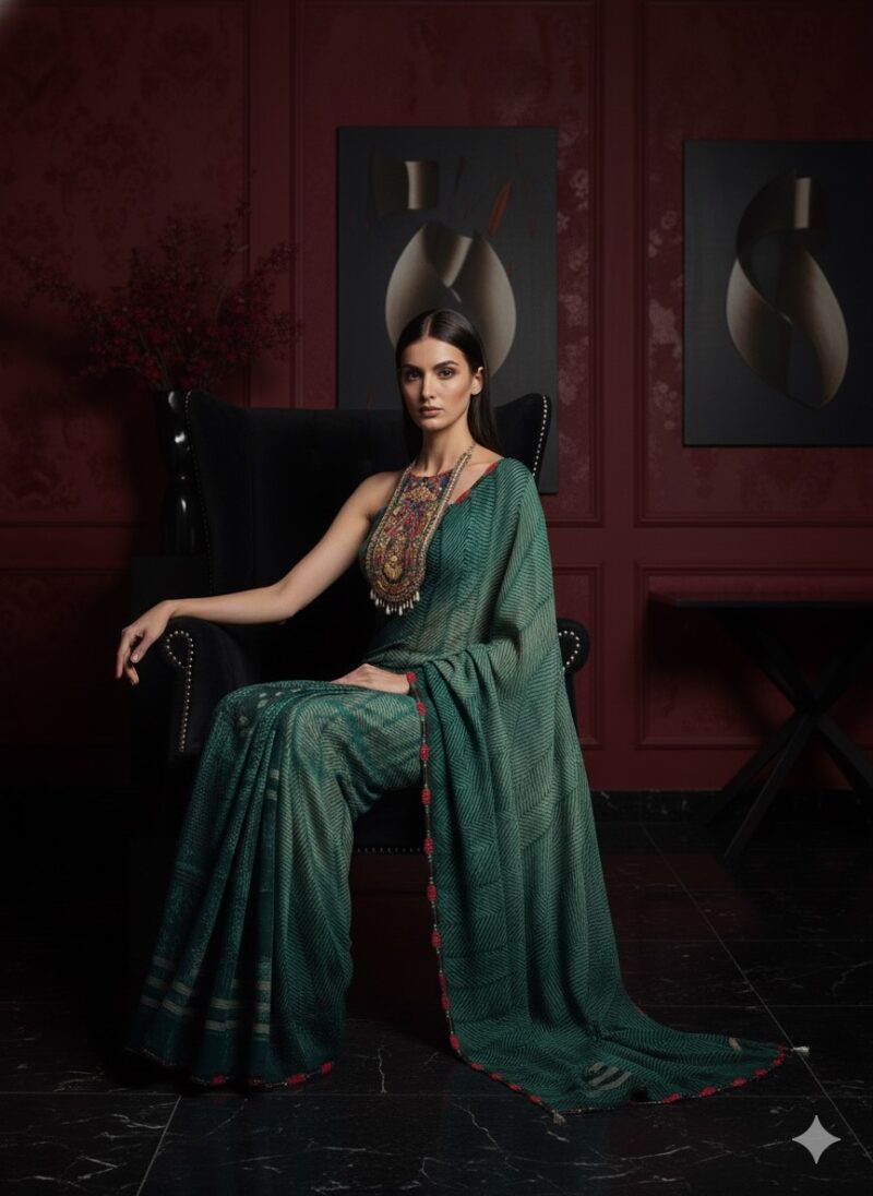 Contemporary Green Geometric Printed Saree
