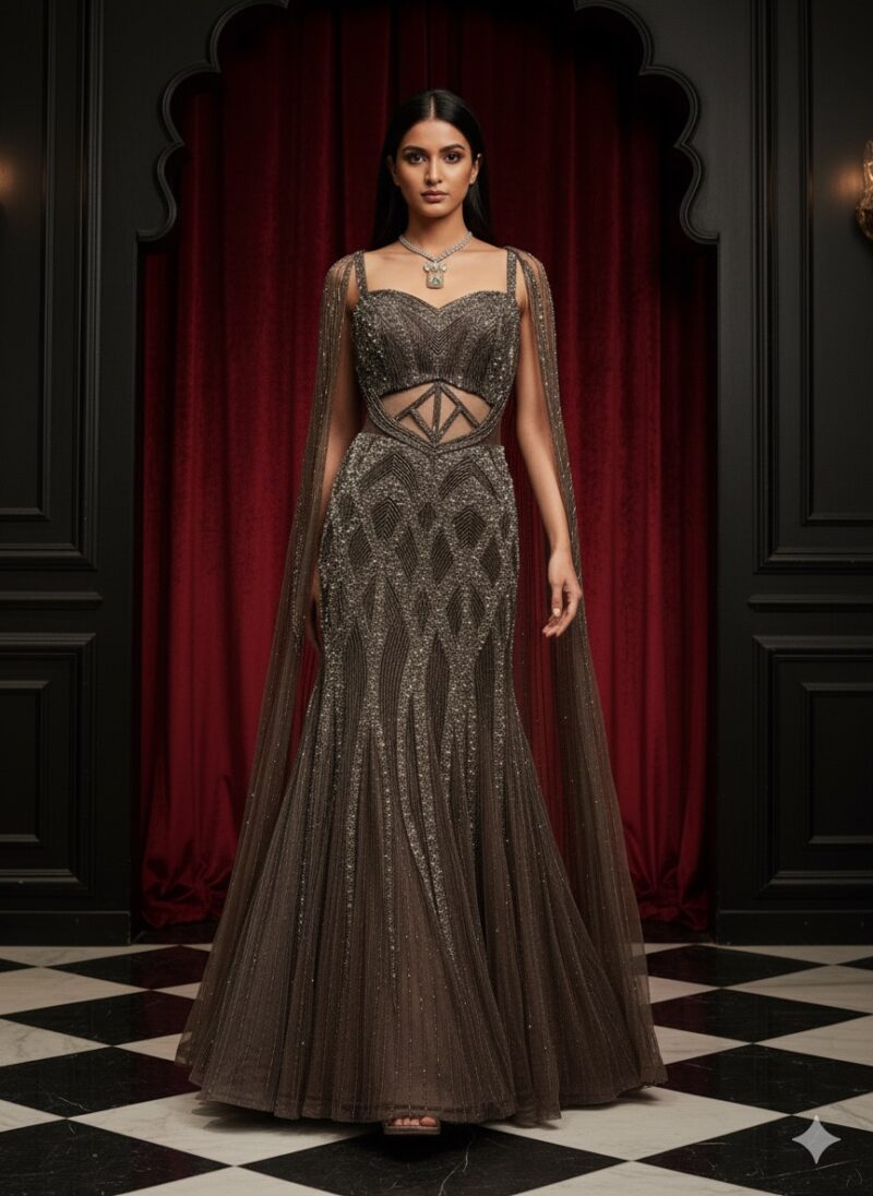 Charcoal Crystal Cape Gown