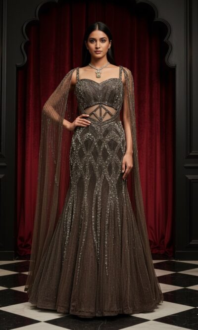 Charcoal Crystal Cape Gown