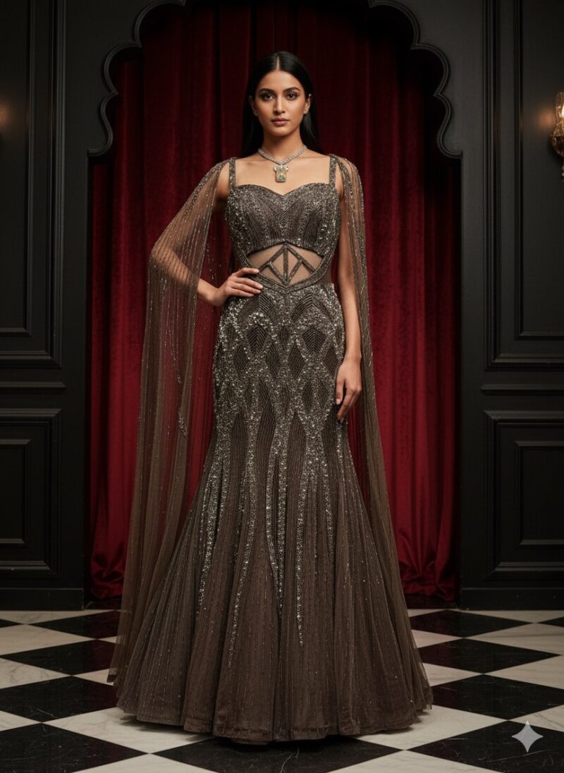 Charcoal Crystal Cape Gown