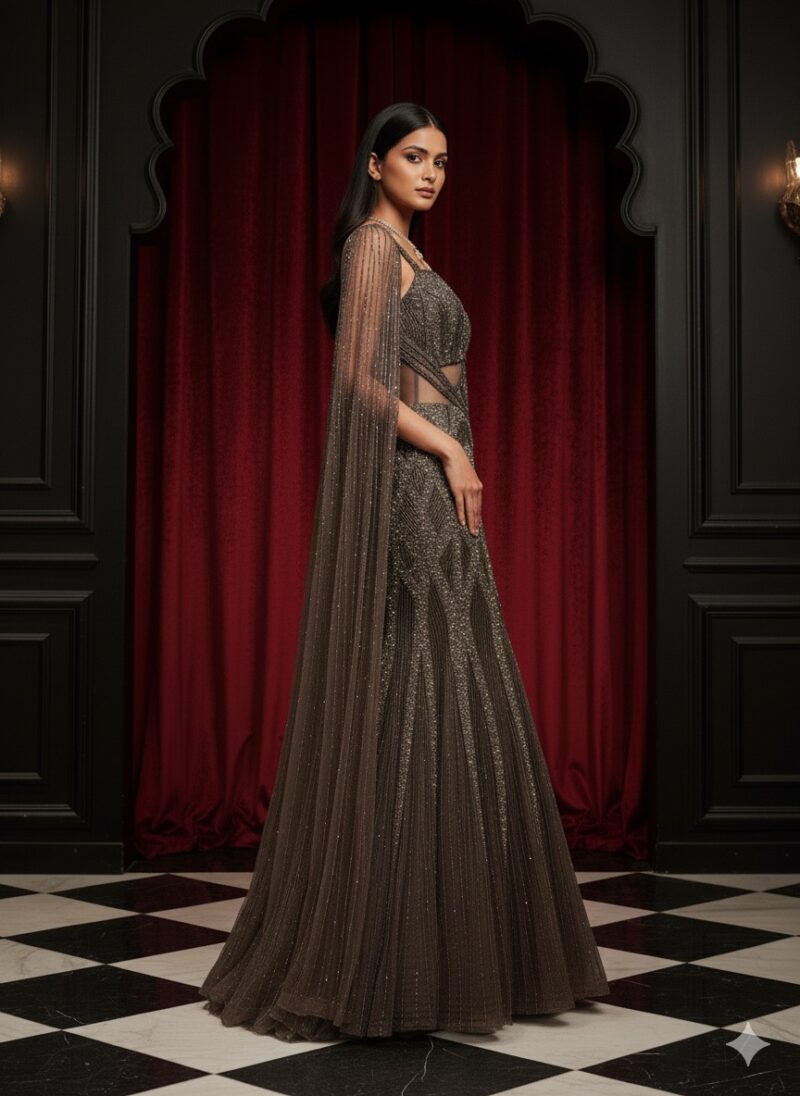Charcoal Crystal Cape Gown