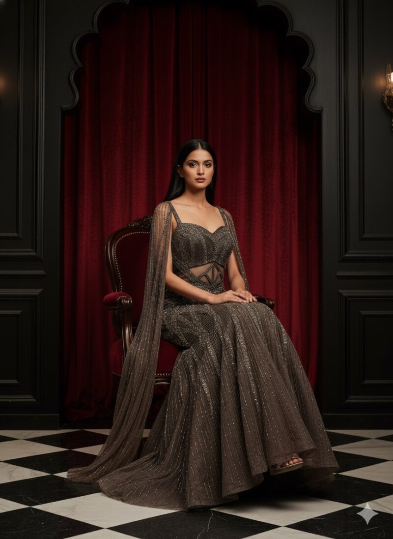 Charcoal Crystal Cape Gown