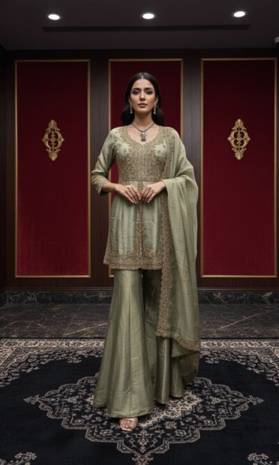 Elegant Sage Green Sharara Set