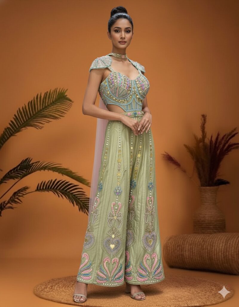 Pistachio Embroidered Indo Western Jumpsuit