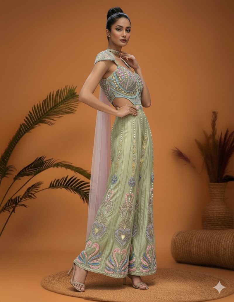 Pistachio Embroidered Indo Western Jumpsuit