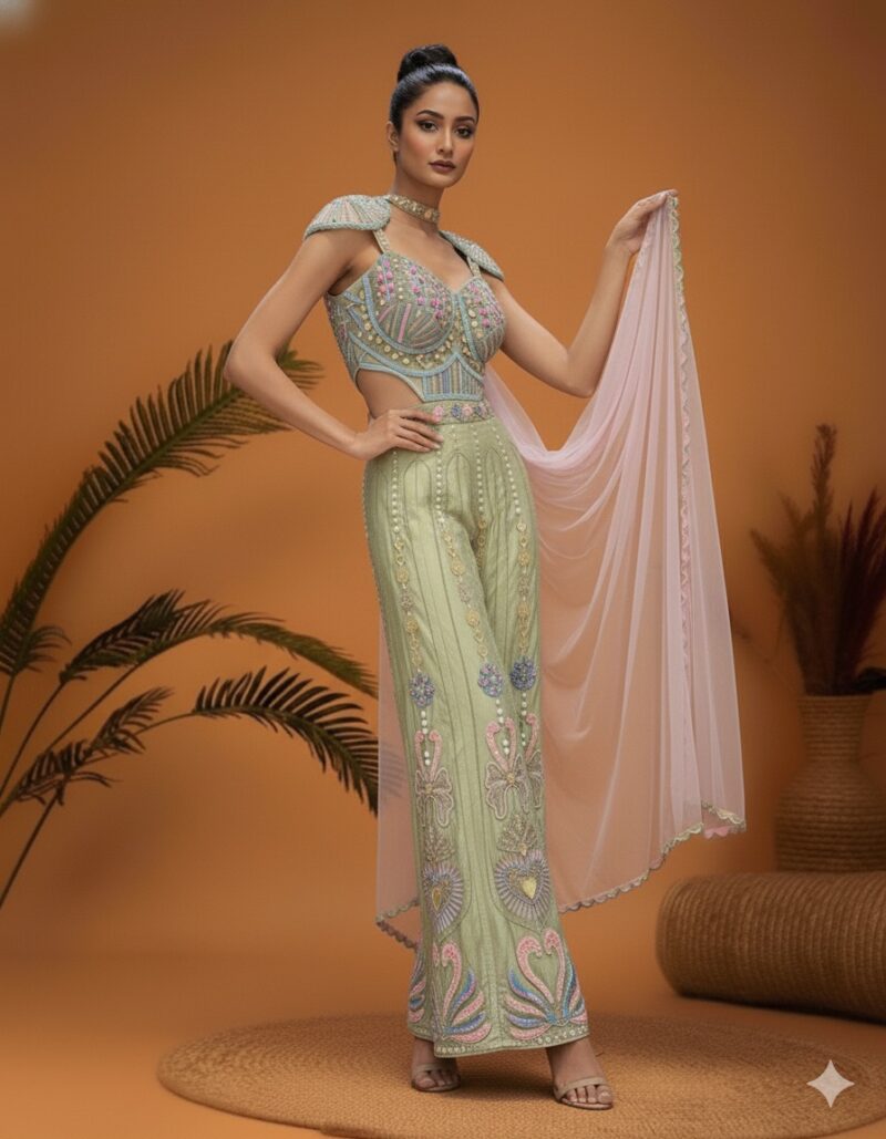 Pistachio Embroidered Indo Western Jumpsuit