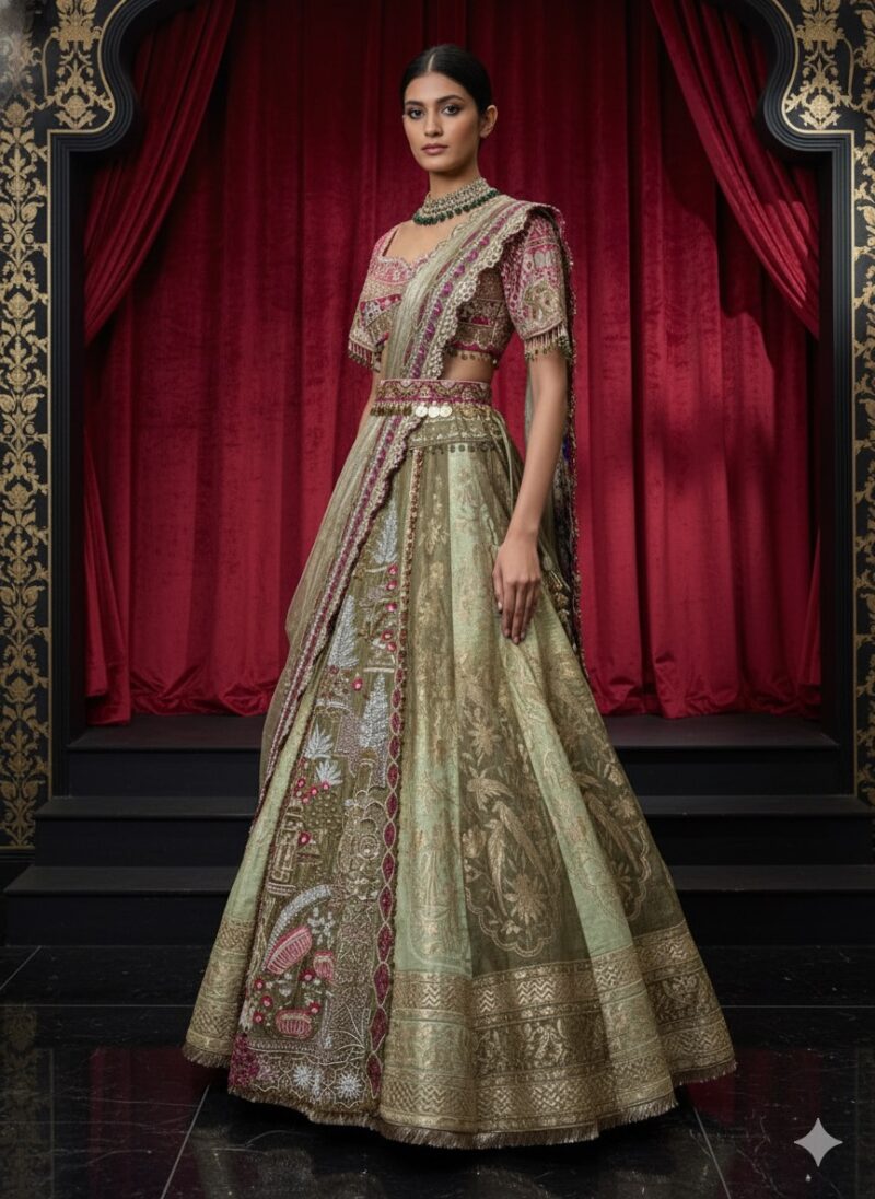 Intricately Embroidered Sage Green Lehenga