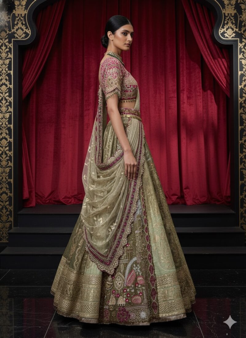 Intricately Embroidered Sage Green Lehenga