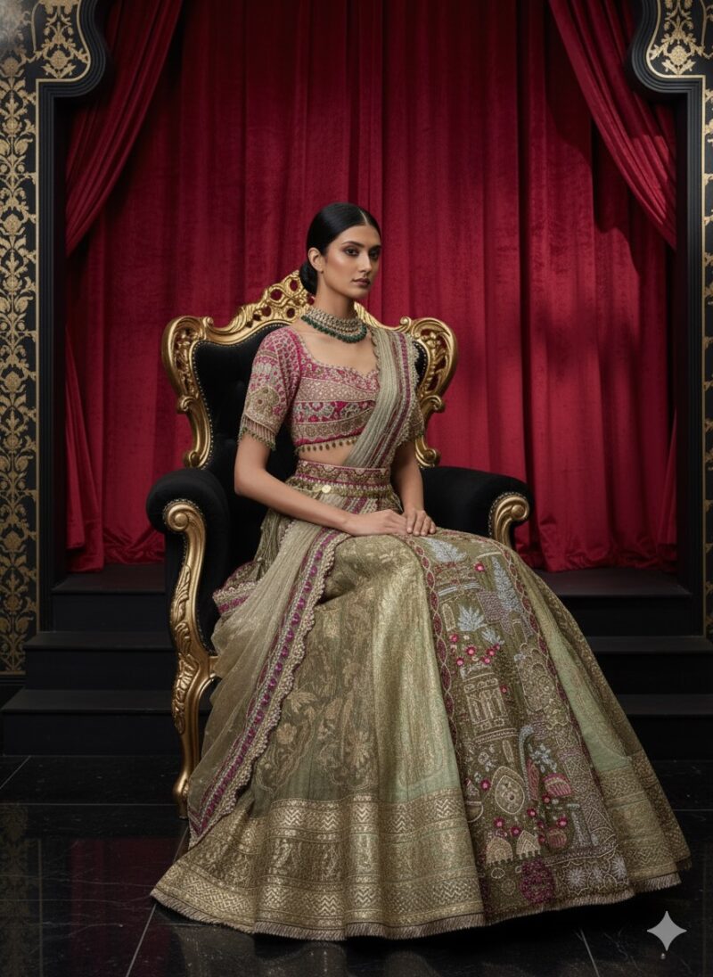 Intricately Embroidered Sage Green Lehenga