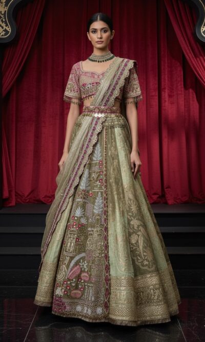 Intricately Embroidered Sage Green Lehenga