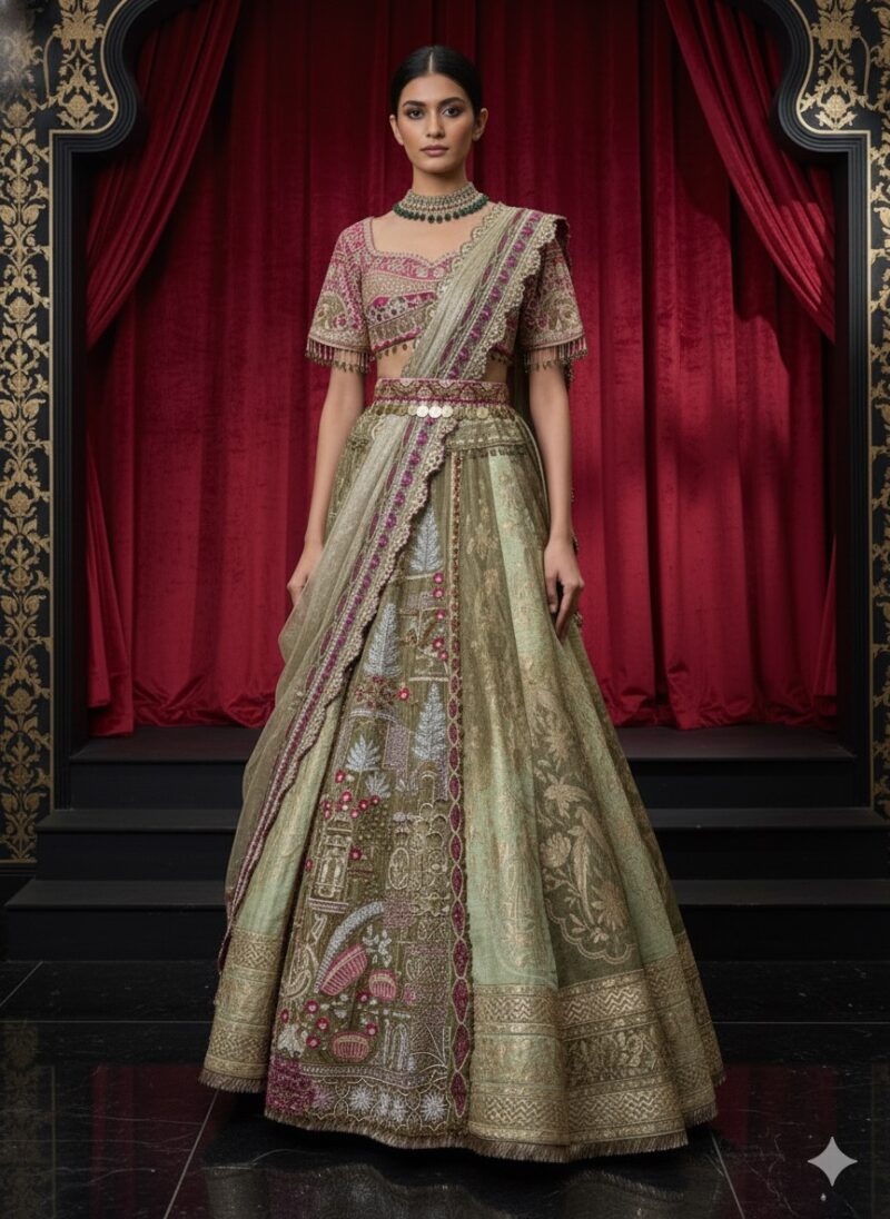 Intricately Embroidered Sage Green Lehenga