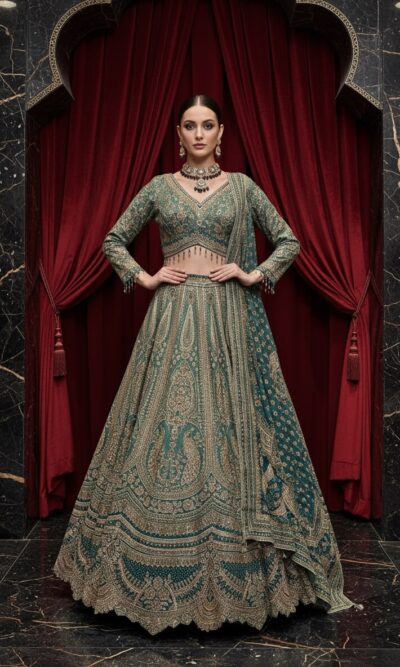 Teal Green Royal Heritage Lehenga