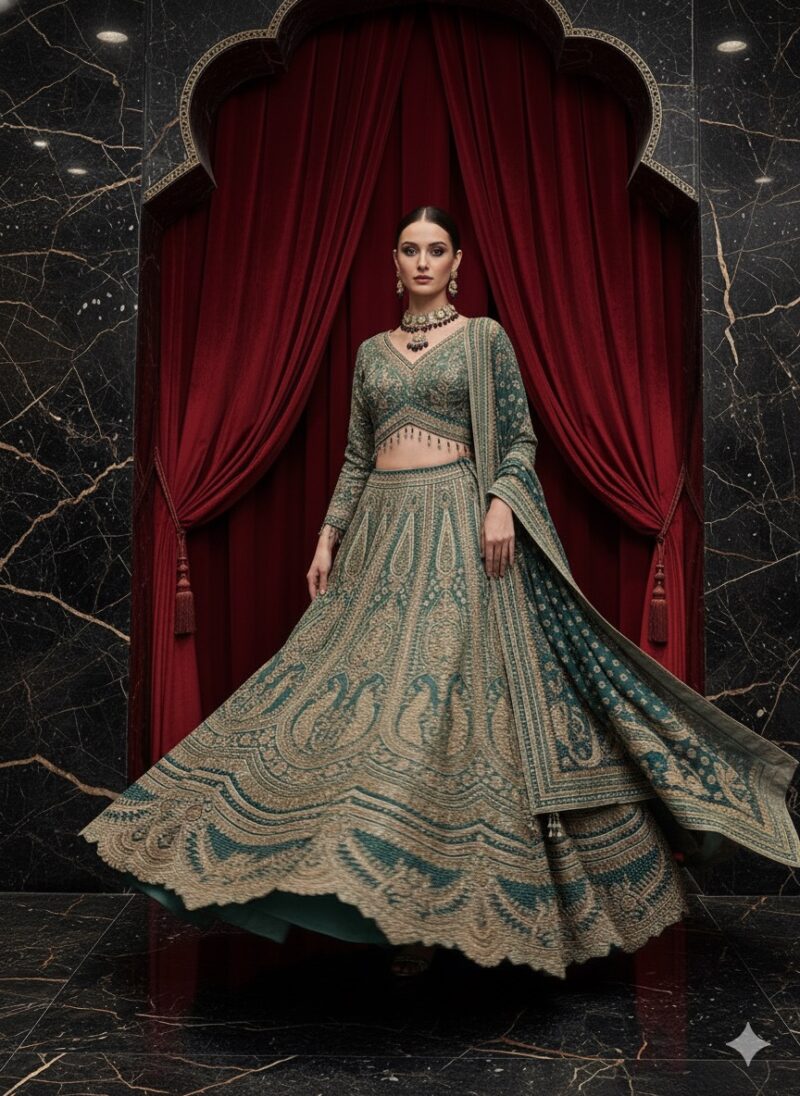 Teal Green Royal Heritage Lehenga
