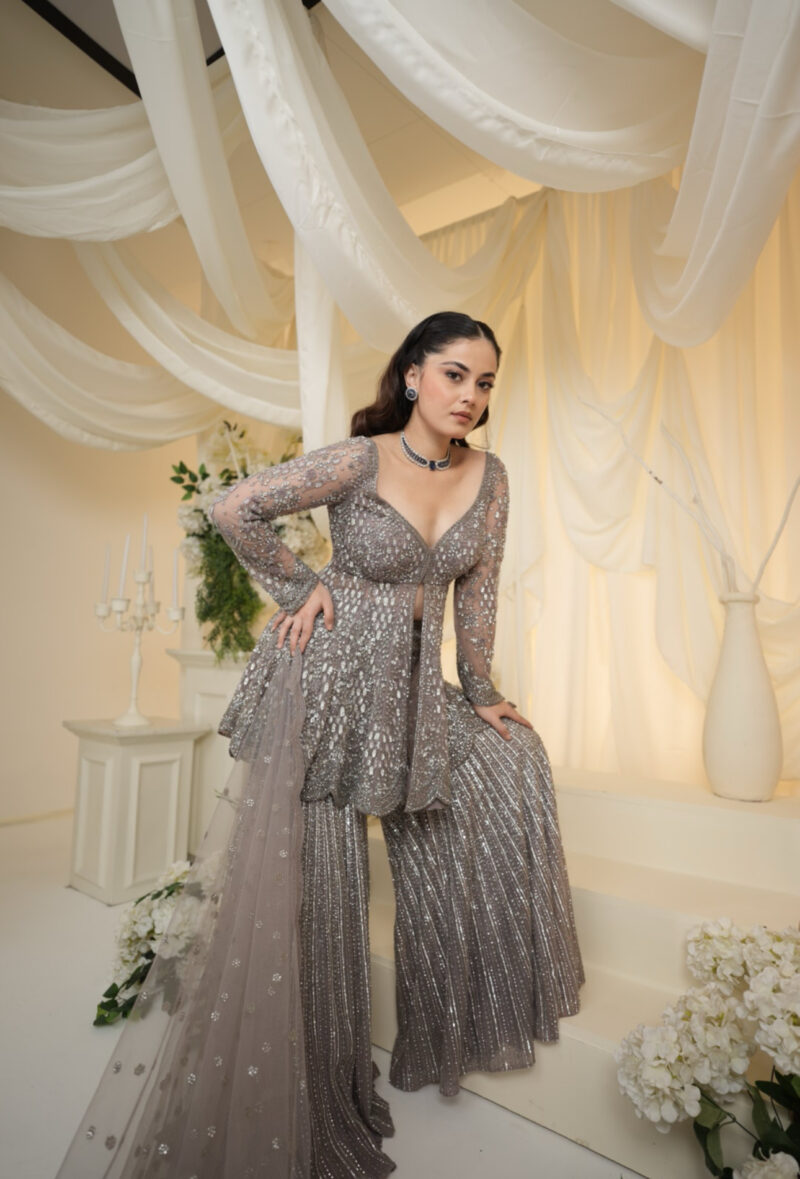 Silver Mirror Peplum Sharara Suit