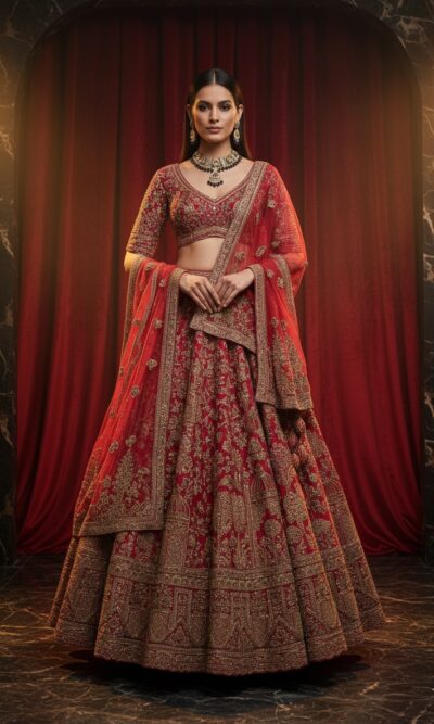Red Majestic Couture Bridal Lehenga