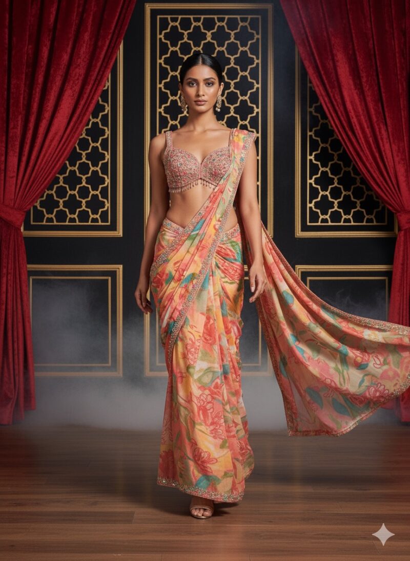 Peach Blossom Printed Saree