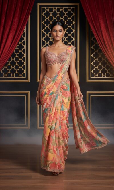 Peach Blossom Printed Saree