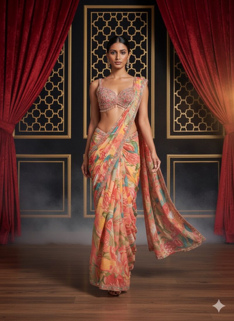 Peach Blossom Printed Saree
