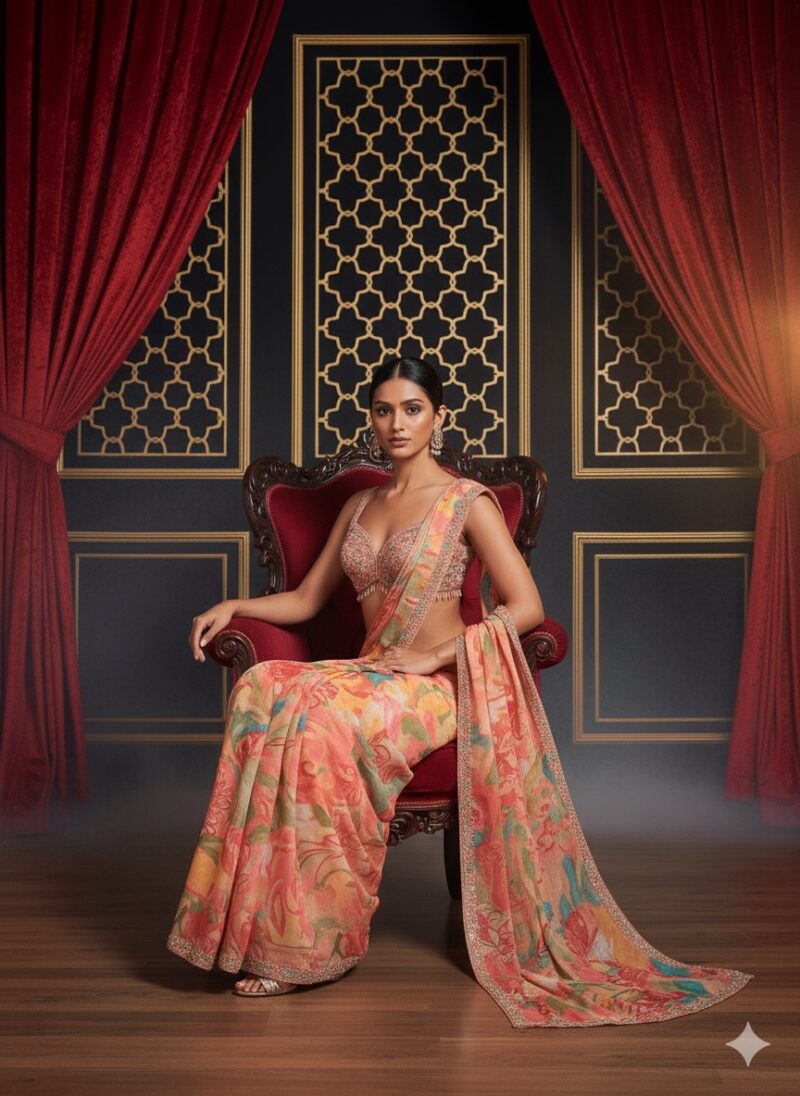 Peach Blossom Printed Saree